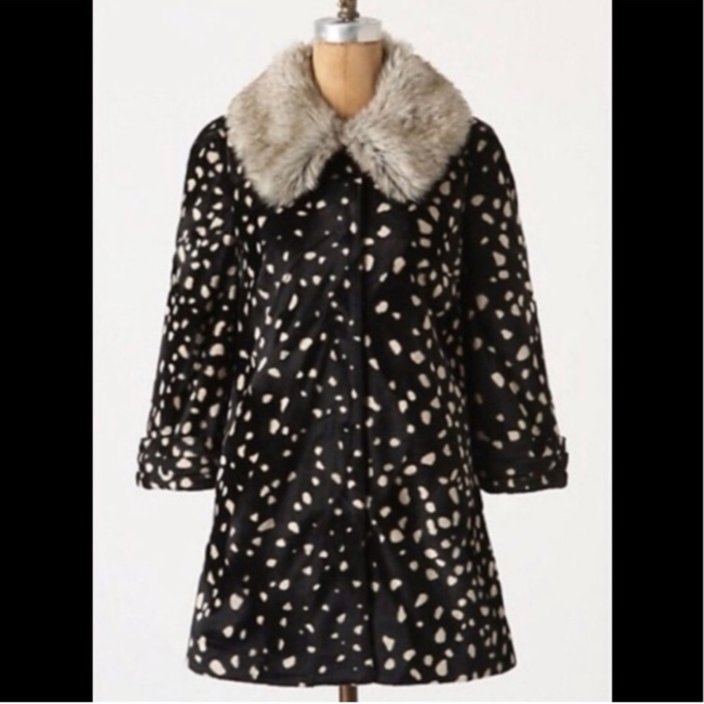 Anthropologie Black Coat with Cream Spot Pattern & Faux Fur Collar